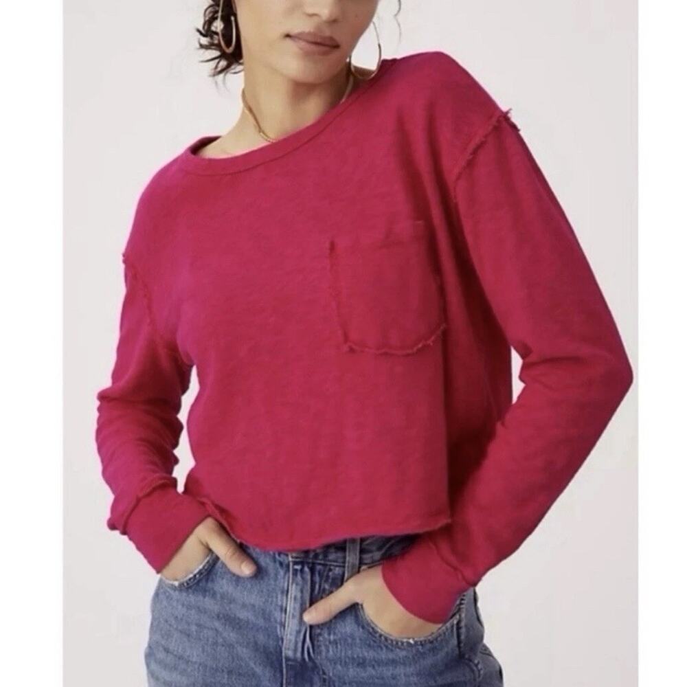 Anthropologie TLA Long Slv Crop Knit Shirt Cotton Raw Trim Sz S Pocket Pink